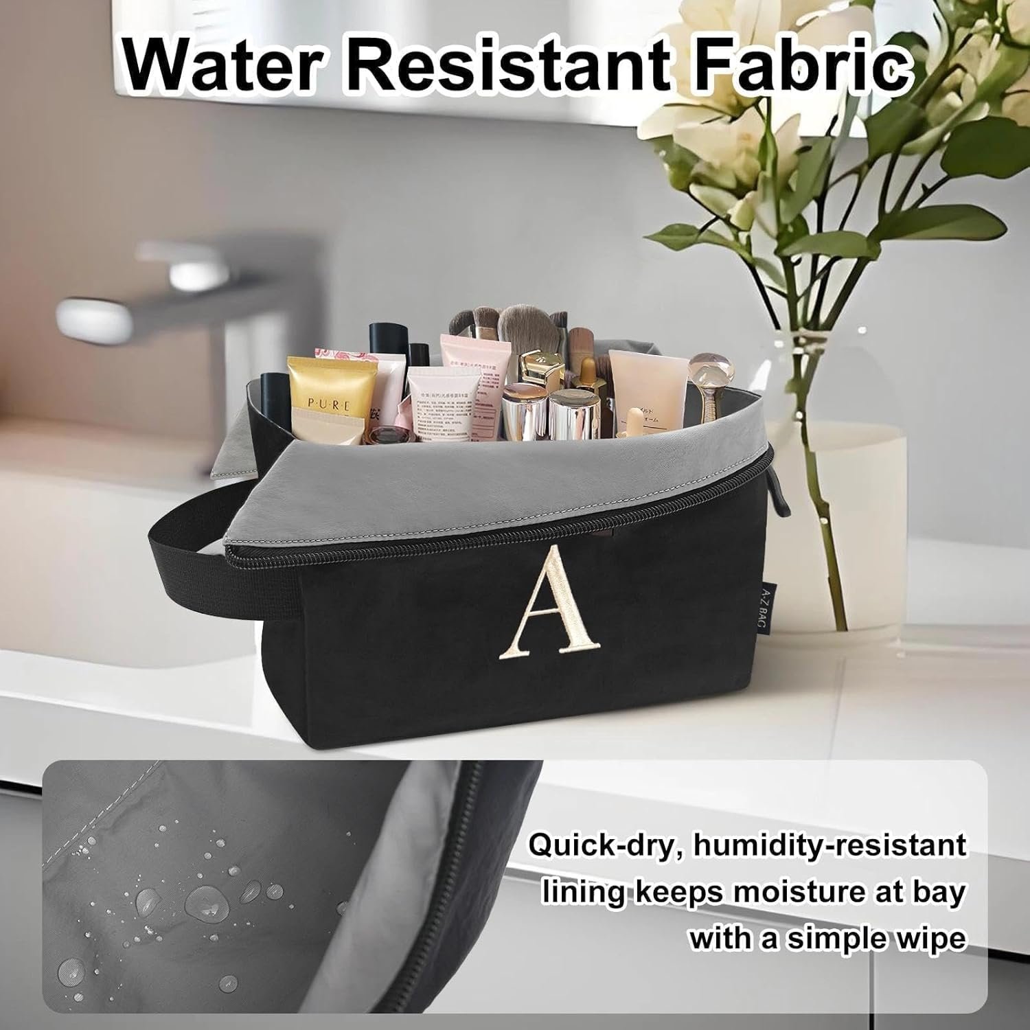 Grossiste Trousses de Toilette Légères Résistantes à l'Eau Personnalisées Initiale Broderie avec Logo Personnalisé Fournisseur (M, Noir)