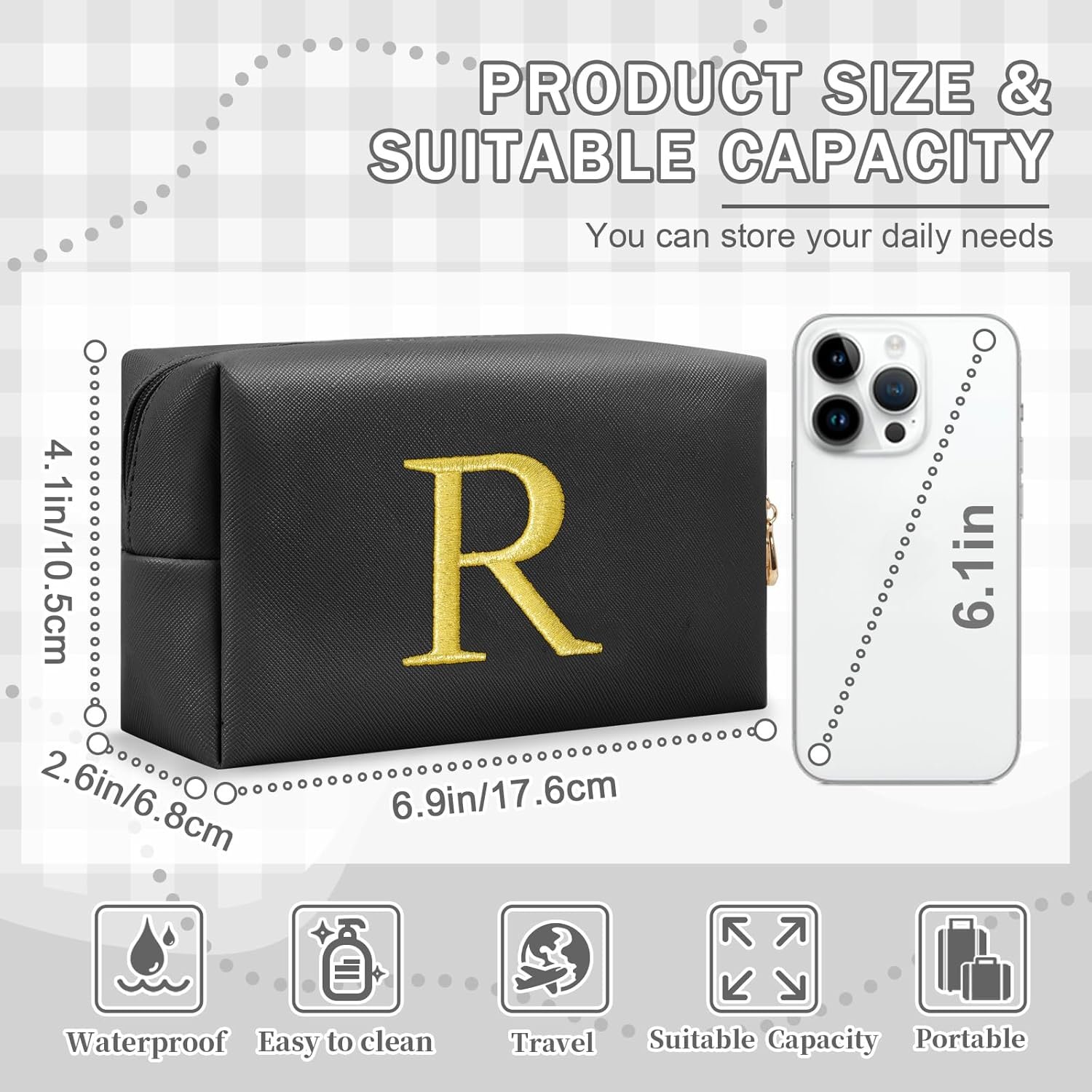 Vente en Gros Petit Sac à Maquillage Personnalisé Initiale Brodé Or Préppy Fabricant Sac Cosmétique Voyage Toilette Logo Personnalisé Cadeau Noël Anniversaire Filles Femmes (Noir-R)