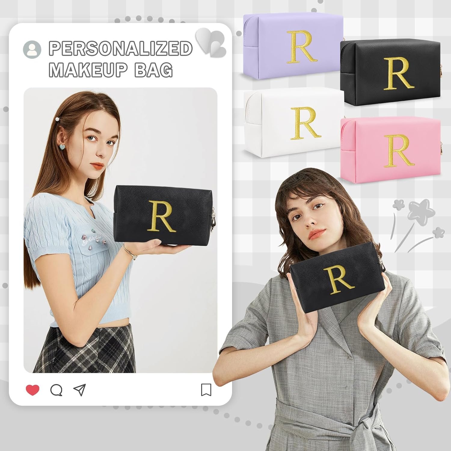 Vente en Gros Petit Sac à Maquillage Personnalisé Initiale Brodé Or Préppy Fabricant Sac Cosmétique Voyage Toilette Logo Personnalisé Cadeau Noël Anniversaire Filles Femmes (Noir-R)