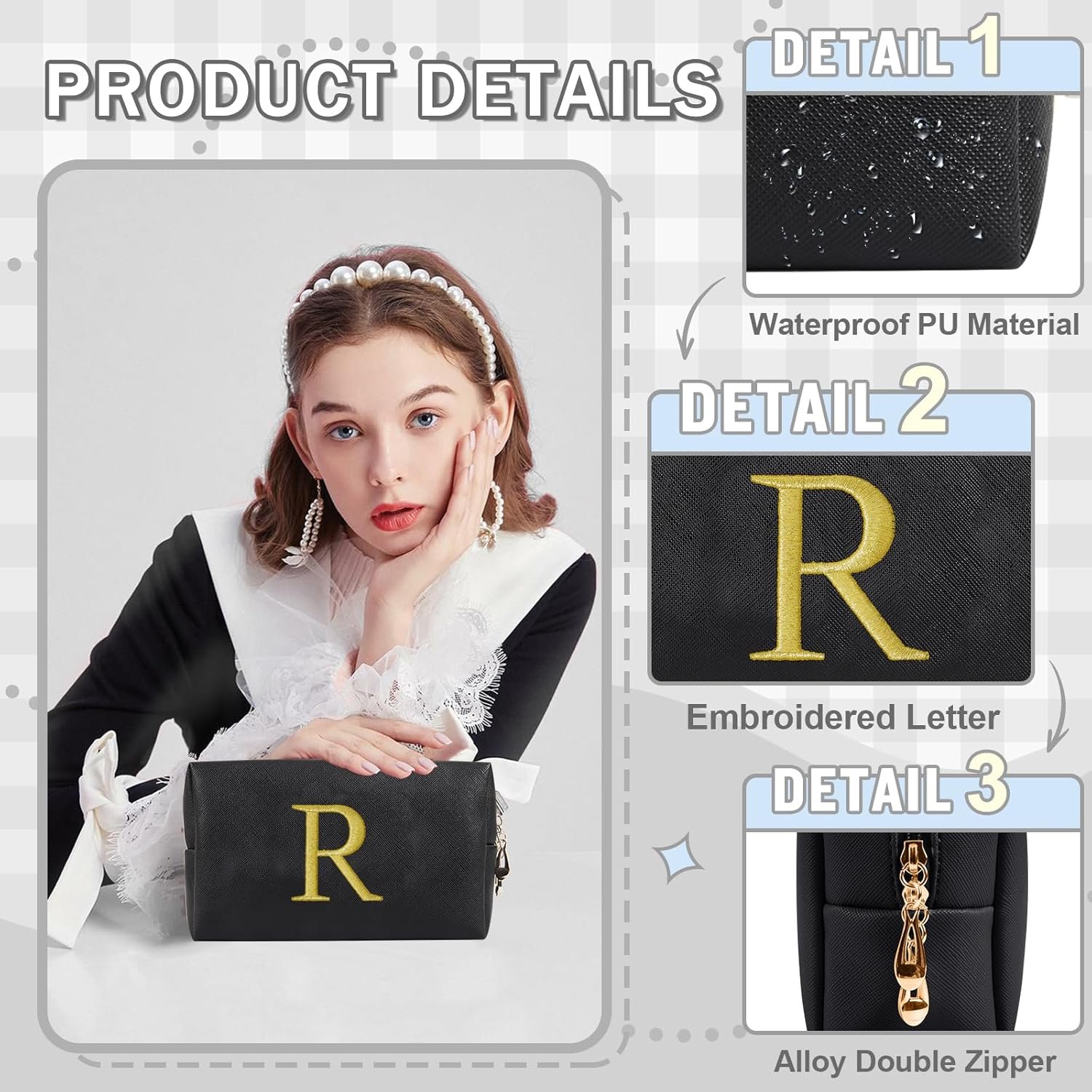 Vente en Gros Petit Sac à Maquillage Personnalisé Initiale Brodé Or Préppy Fabricant Sac Cosmétique Voyage Toilette Logo Personnalisé Cadeau Noël Anniversaire Filles Femmes (Noir-R)