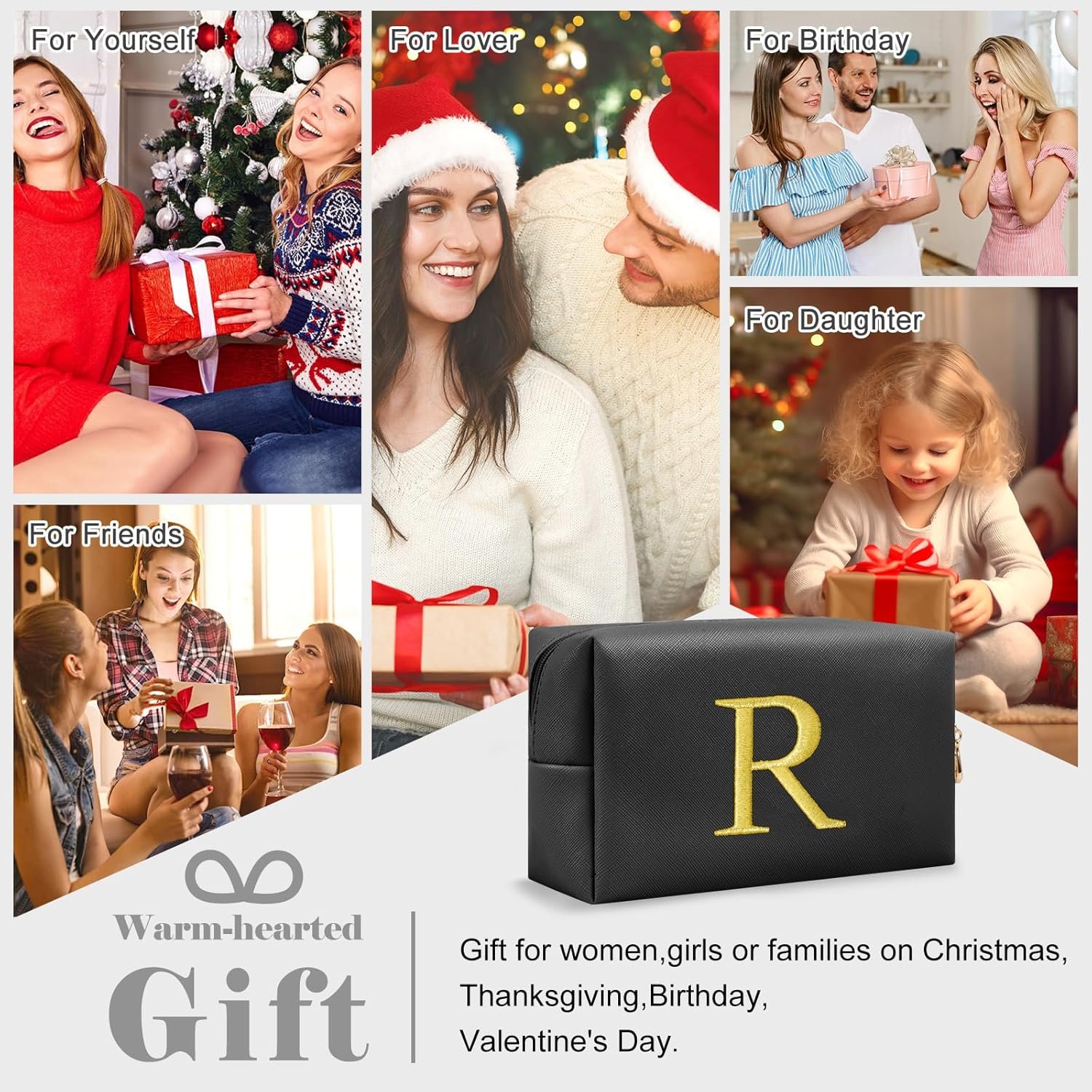 Vente en Gros Petit Sac à Maquillage Personnalisé Initiale Brodé Or Préppy Fabricant Sac Cosmétique Voyage Toilette Logo Personnalisé Cadeau Noël Anniversaire Filles Femmes (Noir-R)