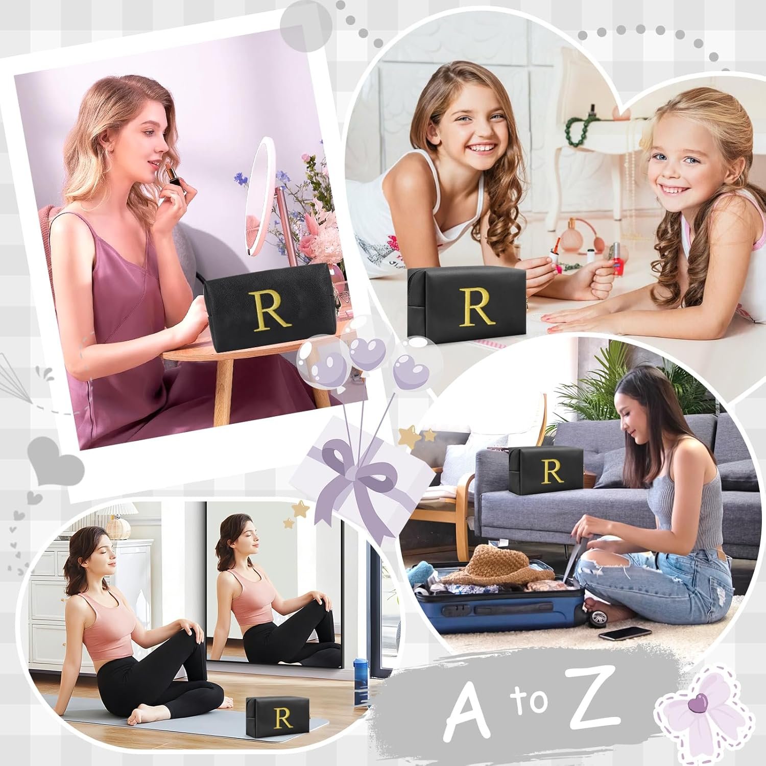 Vente en Gros Petit Sac à Maquillage Personnalisé Initiale Brodé Or Préppy Fabricant Sac Cosmétique Voyage Toilette Logo Personnalisé Cadeau Noël Anniversaire Filles Femmes (Noir-R)