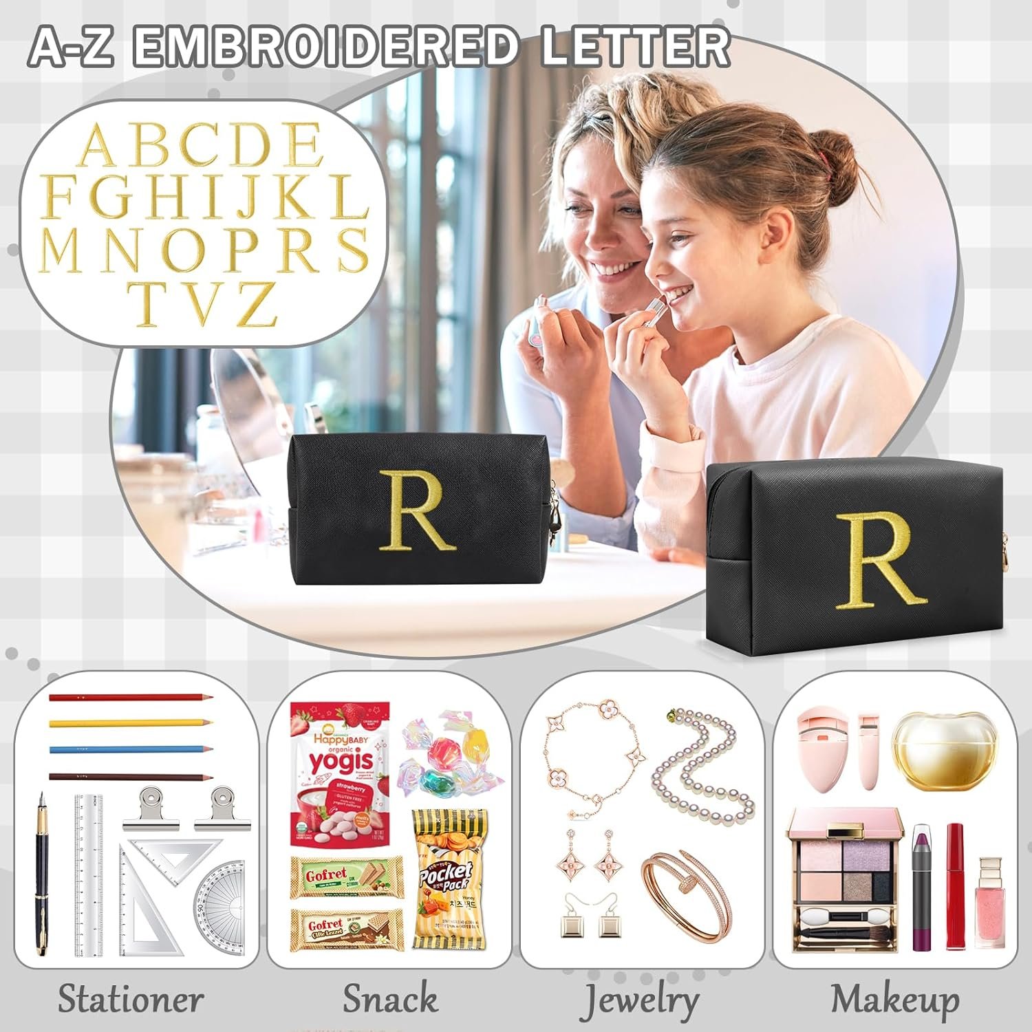 Vente en Gros Petit Sac à Maquillage Personnalisé Initiale Brodé Or Préppy Fabricant Sac Cosmétique Voyage Toilette Logo Personnalisé Cadeau Noël Anniversaire Filles Femmes (Noir-R)