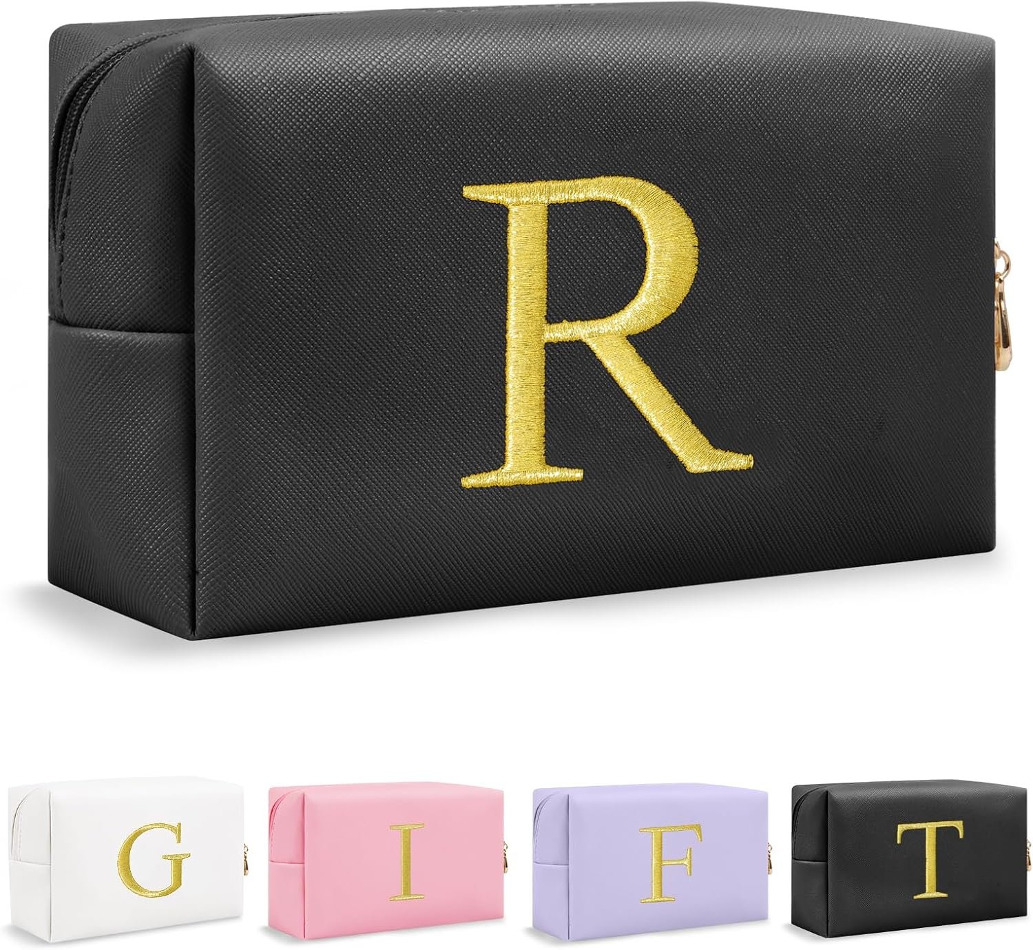 Vente en Gros Petit Sac à Maquillage Personnalisé Initiale Brodé Or Préppy Fabricant Sac Cosmétique Voyage Toilette Logo Personnalisé Cadeau Noël Anniversaire Filles Femmes (Noir-R)