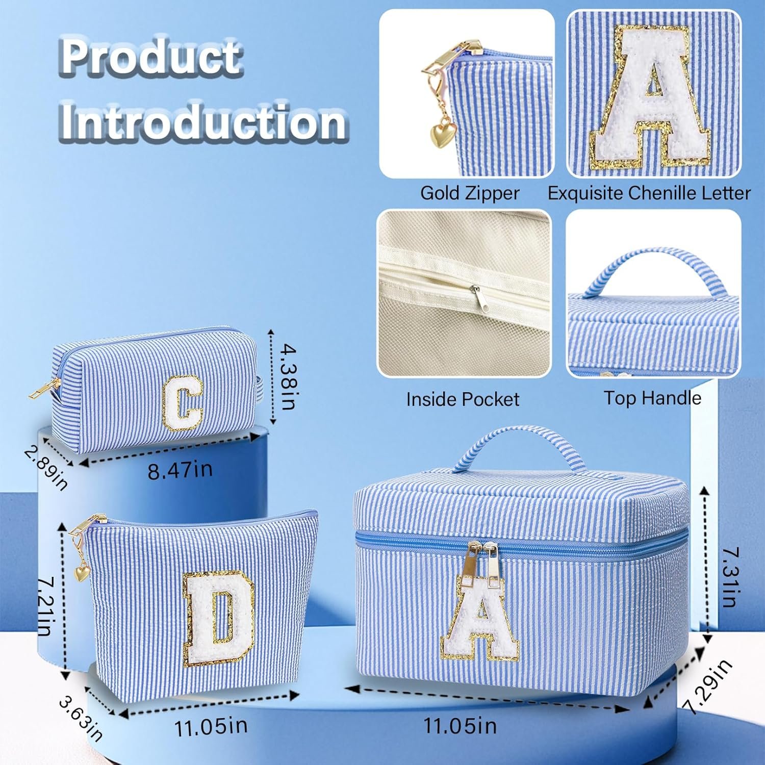 Grossiste Sac à Maquillage Monogrammé Personnalisé 3PCS Logo Personnalisé pour Filles et Femmes 6-18 Ans Sacs Cosmétiques Cadeaux Anniversaire Diplôme Fournisseur (R, Bleu)