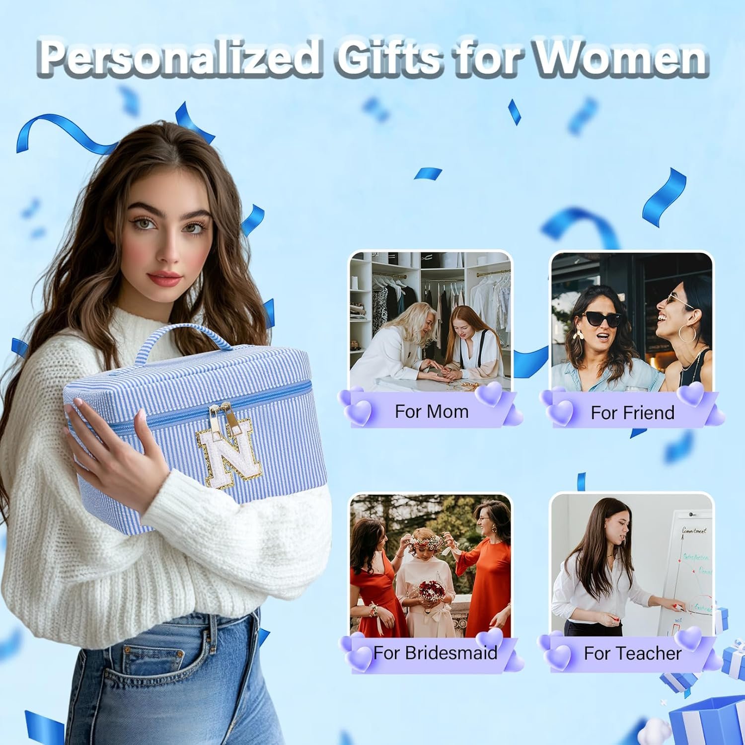 Grossiste Sac à Maquillage Monogrammé Personnalisé 3PCS Logo Personnalisé pour Filles et Femmes 6-18 Ans Sacs Cosmétiques Cadeaux Anniversaire Diplôme Fournisseur (R, Bleu)