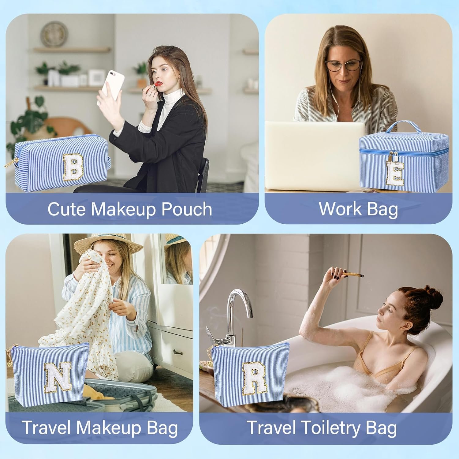 Grossiste Sac à Maquillage Monogrammé Personnalisé 3PCS Logo Personnalisé pour Filles et Femmes 6-18 Ans Sacs Cosmétiques Cadeaux Anniversaire Diplôme Fournisseur (R, Bleu)