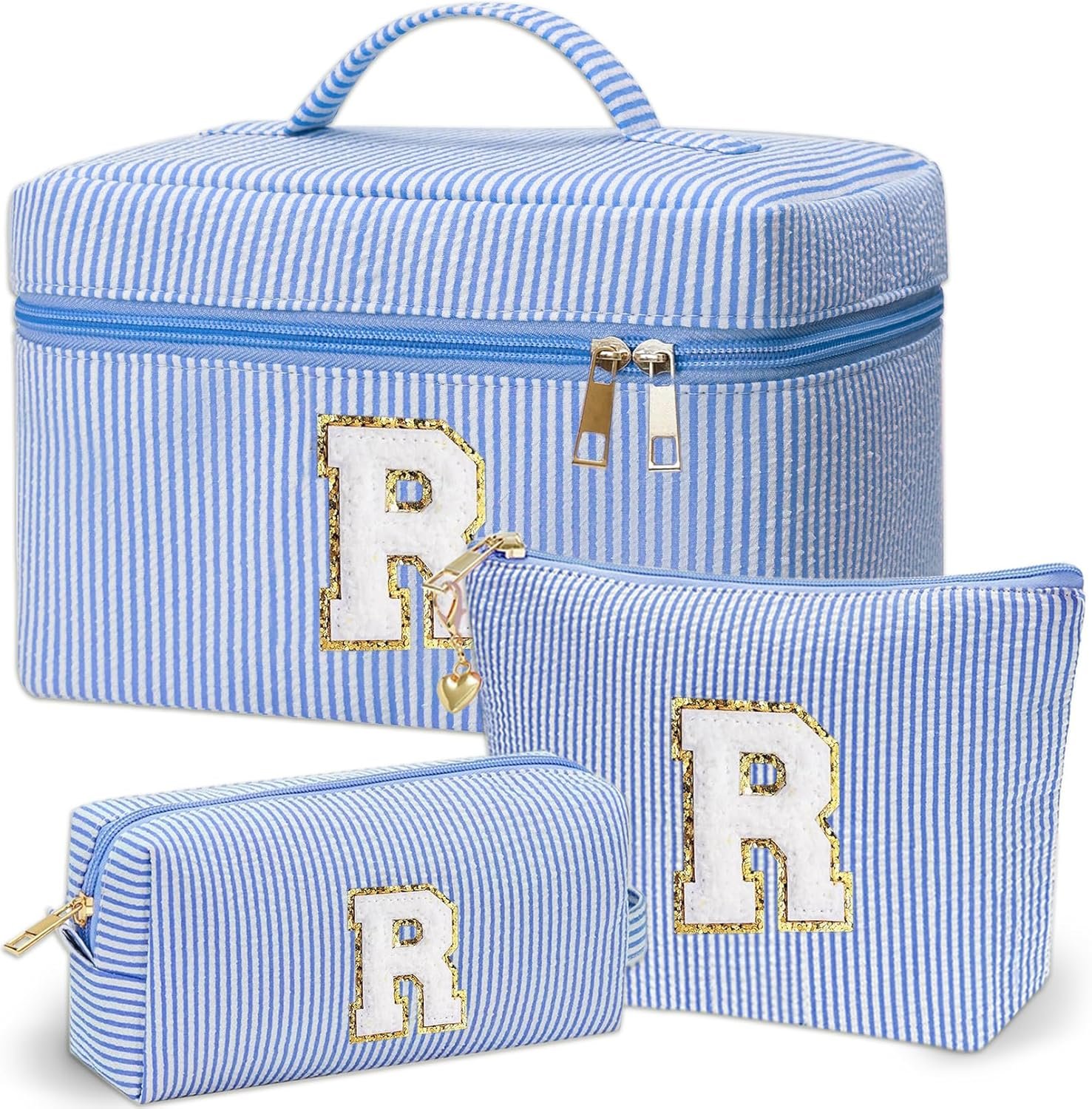 Grossiste Sac à Maquillage Monogrammé Personnalisé 3PCS Logo Personnalisé pour Filles et Femmes 6-18 Ans Sacs Cosmétiques Cadeaux Anniversaire Diplôme Fournisseur (R, Bleu)