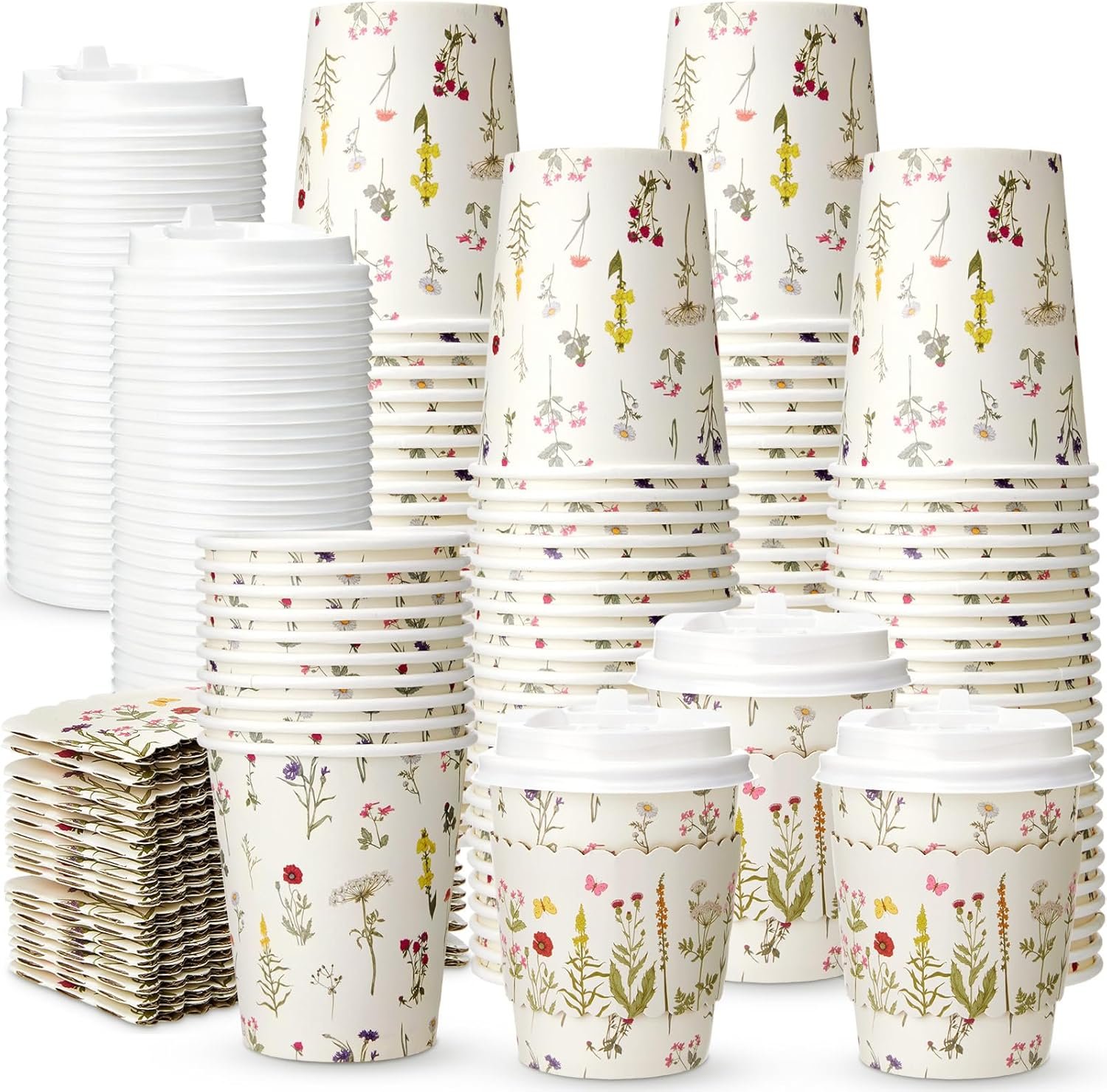 Grossiste 100 Ensembles Gobelets à Café Jetables 8oz Floraux avec Couvercles et Manchons en Papier Fleurs des Champs du Fabricant Marque Blanche pour Mariages Fêtes Printanières Baby Shower Réceptions Anniversaires