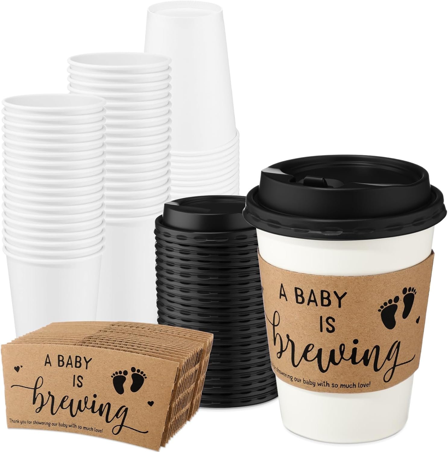 Grossiste 50 ensembles gobelets à café 12 oz « A Baby's is Brewing » pour baby shower avec couvercles et manches papier jetables logo personnalisé fournisseur Grossiste 50 ensembles gobelets à café 12 oz « A Baby's is Brewing » pour baby shower avec couvercles et manches papier jetables logo personnalisé fournisseur