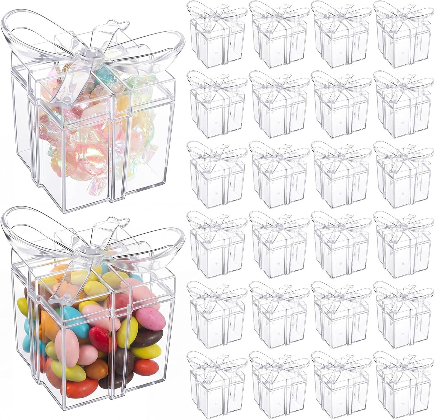 Grossiste Boîtes Cadeaux Acryliques Transparentes Lot 24 avec Couvercle Nœud 2 x 2 x 2,3 Pouces Fournisseur Petites Faveurs Fête Bonbons Dragées Mariage Baby Shower Anniversaire OEM