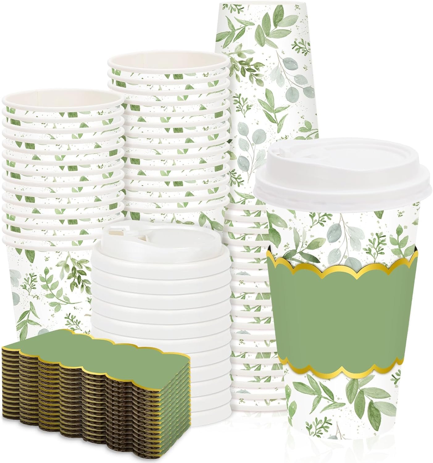 Grossiste Lot de 50 Gobelets à Café 16oz Vert Motif Feuilles d'Eucalyptus avec Couvercles et Manchons Jetables Fabricant Logo Personnalisé