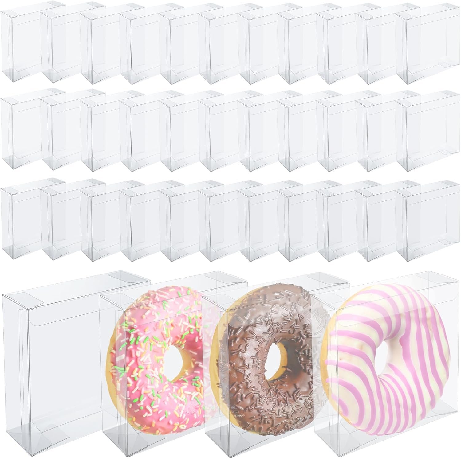 Grossiste Pack de 150 Boîtes Transparentes PVC 10x10x3 cm pour Biscuits Donuts Friandises Fêtes Noël Mariage Anniversaire Saint-Valentin Fabricant Logo Personnalisé