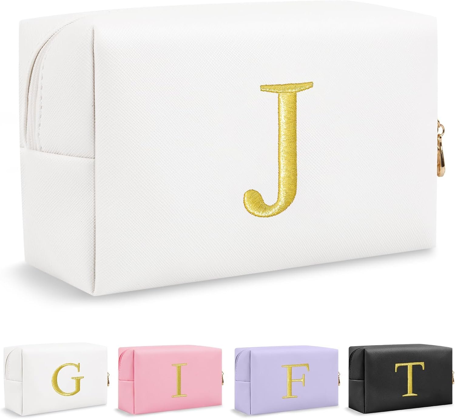 Grossiste Trousses Maquillage Personnalisées Initiales Broderie Or Préppy OEM - Petite Trousse Toilette Voyage Fabricant Cadeaux Noël Anniversaire Filles Femmes (Blanc-J)